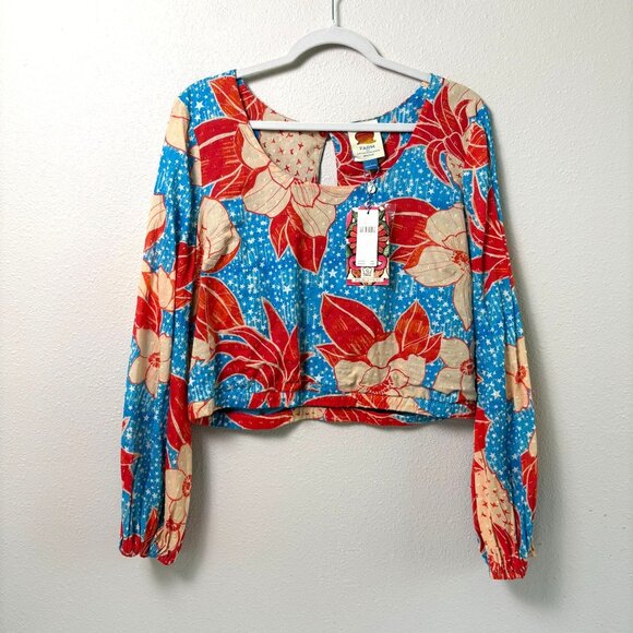Farm Rio x Anthropologie Puff-Sleeve Bubble Blouse Size L Orange Blue Floral NWT - Picture 1 of 13